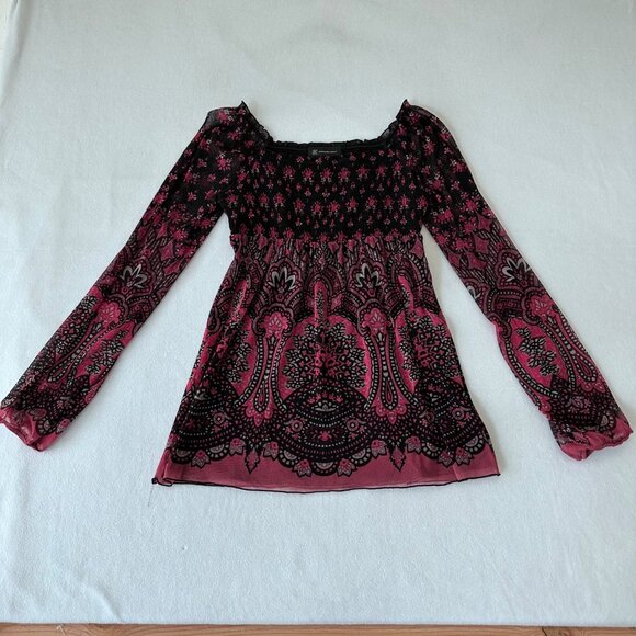 Inc Y2K Babydoll Fairy Grunge Smocked Sheer Flowy Top Size M Paisley Long Sleeve - Picture 1 of 11
